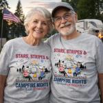 Personalized T Shirt - Patriotic Camping Couple Gift for 4th of July 2026, Custom Name Independence Day Apparel for Campfire Lovers & RV Adventure - Stars & Stripes & Campfire Nights