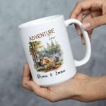 Adventure Time Coffee Mug, Custom Camping Mug With Names, Couple Coffee Cup For Adventure Lovers, Personalized Camping Gifts For Friends, Customized Campfire Travel Tea Mug, White Mug
