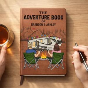 Personalized Leather Journal - Adventure Notebook for Couples, Custom Camping Travel Diary, Meaningful Gift for Partners Who Love Exploring, Memory Book with 8 Cover Colors - The Adventure Book Couple Camping