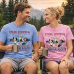 Personalized T Shirt - Patriotic Camping Couple Gift for 4th of July 2026, Custom Name Independence Day Apparel for Campfire Lovers & RV Adventure - Stars & Stripes & Campfire Nights