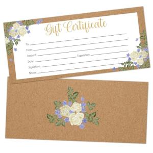 Blank Gift Certificates, 25 Floral Kraft Gift Certificate Cards for Business, Spa, Salon, Massage, Restaurants, Custom Client Vouchers for Birthday, Work Card -05