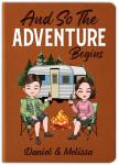 Personalized Leather Journal for Couples – Custom Adventure Travel Notebook for Camping & RV Trips, Memory Keepsake Book for Journey Stories, Anniversary Wedding Valentine Gift (Adventure Begins – Camping)