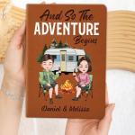 Personalized Leather Journal for Couples – Custom Adventure Travel Notebook for Camping & RV Trips, Memory Keepsake Book for Journey Stories, Anniversary Wedding Valentine Gift (Adventure Begins – Camping)