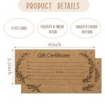 Blank Gift Certificates, 25 Kraft Gift Certificate Cards for Business, Spa, Salon, Massage, Restaurants, Custom Client Vouchers for Birthday, Work Card -08