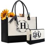 BeeGreen Initial Canvas Tote Bags Personalized Birthday Mothers Day Gifts for Women Mother Grandma Embroidery Monogram Bags with Leather Handle Organized Inner Pocket H