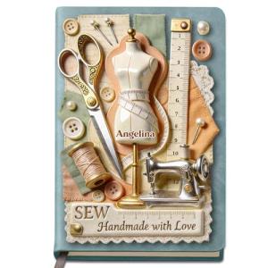 ALMAGEMSUS Personalized Sewing Journal Notebook, Custom Leather Journal with Name for Women, Tailor Quilter Gift, Handmade Sewing Theme Notebook, Unique Creative Writing Sketchbook