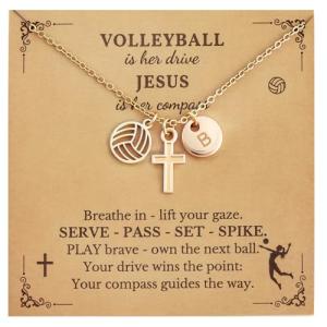 Volleyball Jewelry Gift for Teammate Dainty Cross Initial Necklace Letter B Pendant Personalized Christian Faith Necklace Sports Charm Jewelry for Fans or Gir Team Holiday Christmas Gift Idea