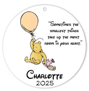 Classic Winnie The Pooh and Friends Christmas Ornament – Personalized 3.5” Round Acrylic Decoration - Sometimes The Smallest Things – Nursery Keepsake or Custom Holiday Décor