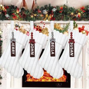 LOMOHOO 4PCS Personalized Christmas Stockings with Cute Wooden Name Tags, Striped Plush Faux Fur Xmas Stocking, 18in Large Gift Bags for Holiday Party Fireplace Stairs Xmas Decor (White)