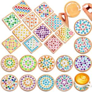 Reallnaive 22 Sets Valentines DIY Mosaic Tiles for Crafts Mixed Color Glass Mosaic Kits Xmas DIY Coasters Kit Make Your Own Stained Glass Coaster for Handmade Holiday Decoration Gift (Classic Style)