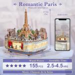 Tonecheer Wooden Music Box Puzzle for Adults, DIY Rotating Music Box Kit 3D Creative Musical Puzzle Crafts Model Building Kits Desk Decor Birthday Holiday Gift (Romantic Paris)