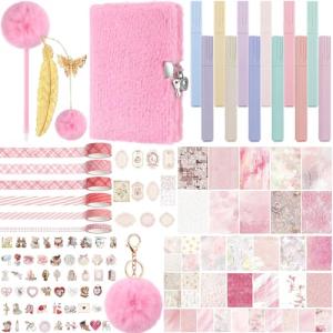 Janlaugh DIY Journal Diary with Lock Pack Scrapbook Kit Stationery Diary Supplies Art Crafts Kit for Birthday Holidays Ideal Gifts for Women Teen Girls(Pink,Plush)