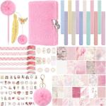 Janlaugh DIY Journal Diary with Lock Pack Scrapbook Kit Stationery Diary Supplies Art Crafts Kit for Birthday Holidays Ideal Gifts for Women Teen Girls(Pink,Plush)