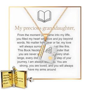 Granddaughter Book Necklace, For Granddaughters - The Most Beautiful Chapter Books Adjustable Silver Gold Book Pendant with 6 Pages Engraved Information Jewelry Gifts from Grandma (Granddaughter-with card)