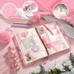 Janlaugh DIY Journal Diary with Lock Pack Scrapbook Kit Stationery Diary Supplies Art Crafts Kit for Birthday Holidays Ideal Gifts for Women Teen Girls(Pink,Plush)