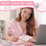 Janlaugh DIY Journal Diary with Lock Pack Scrapbook Kit Stationery Diary Supplies Art Crafts Kit for Birthday Holidays Ideal Gifts for Women Teen Girls(Pink,Plush)