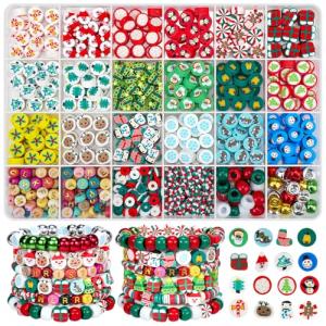 Gionlion Christmas Beads Bracelet Making Kit, 800 Pcs Polymer Clay Beads Jewelry Kit for Girls, Holiday DIY Craft with Christmas Crafts Charms, Perfect Stocking Stuffer for Kids