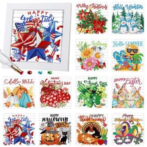 Trandraft 13 Pcs Interchangeable Holiday Diamond Art Kits for Adults 5D Framed Seasonal DIY Diamond Paint with Full Drill Gems for Beginner Monthly Table Craft Gift Decor (Lively Style)