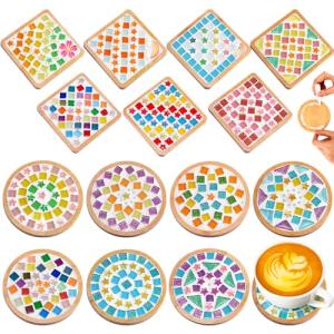 Reallnaive 14 Sets Valentines DIY Mosaic Tiles for Crafts Mixed Color Glass Mosaic Kits Xmas DIY Coasters Kit Make Your Own Stained Glass Coaster for Handmade Holiday Decoration Gift (Assorted Style)