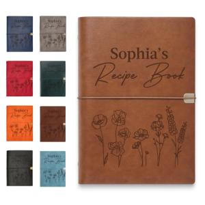 Dyoart Custom Recipe Journal Book Blank with Name, Gifts for Mothers Day, Personalized Leather DIY Cookbook, 9"X6.7" Empty Cooking Notebook Christmas Birthday Gifts for Wife Mom Grandma
