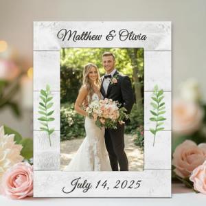 Personalized Wedding Picture Frame – Custom Names and Date – Distressed Rustic White Shiplap Style Wood Photo Frame – Bridal Shower Gift for Bride, Wedding Gift for Couples, Engagement Party Personalized Photo Frame - 5x7 Vertical