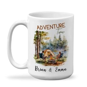 Adventure Time Coffee Mug, Custom Camping Mug With Names, Couple Coffee Cup For Adventure Lovers, Personalized Camping Gifts For Friends, Customized Campfire Travel Tea Mug, White Mug