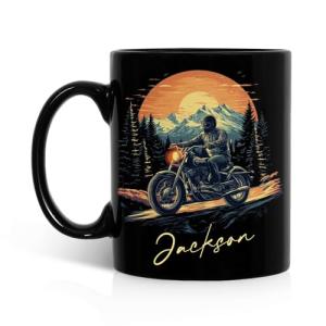 Personalized Motorcycle And Mountains Coffee Mug, Gift For Father Brother, Custom Name Scenic Black Cup, Gift For Adventure Lovers, Customized Biker Themed Ceramic Mug 11oz 15oz
