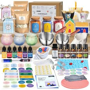 113Pcs Candle Making Kit for Adults, Complete Soy Wax Candle Making Supplies, 6 Glass Jars & 1 Special Stylish Jar, 6 Fragrance Oils, Molds, Wicks, 2 Pots–Beginner Friendly DIY Craft Kit for Women Men
