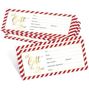 25 Pack Christmas Gift Certificate Cards with Gold Foil Stamping Classic Xmas Red White Striped Blank Voucher Coupons, 4 x 9 Inch for Spa Salon Gift Certificates for Restaurants