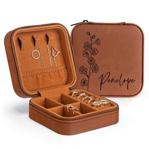 Personalized Leather Jewelry Box with Birth Flower