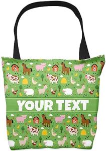 Bouncing Brick Designs Personalized Tote Bag - Farm Animals, Custom Name/Text, Reusable w/Straps, Canvas Cloth Fabric, Customized Gift Idea, Birthday/Christmas/Holiday Present, 13x13