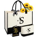 Personalized Gifts for Women - Initial Canvas Tote Bag & Makeup Bag, Custom Bags for Beach, Christmas, Wedding, Birthday, Holiday, Monogram Birthday Gifts for Women, Mom, Wife, Teacher, Friend - S