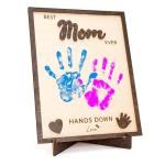 Personalized Best Mom Ever Gifts - Wooden Keepsake Sign with Kids Handprint Art, Custom Ink Name, DIY Craft Kit for Mother's Day, Handmade Family Decor, Unique Birthday Gift Idea for Mom