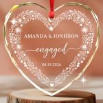 Engaged Christmas Tree Heart Glass Ornament, Personalized Names & Date Engagement Ornament, Anniversary Decoration Gifts for Couple Mr Mrs Fiance Fiancee, Custom Christmas Engaged Keepsake Ornaments