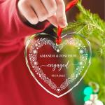 Engaged Christmas Tree Heart Glass Ornament, Personalized Names & Date Engagement Ornament, Anniversary Decoration Gifts for Couple Mr Mrs Fiance Fiancee, Custom Christmas Engaged Keepsake Ornaments