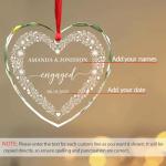 Engaged Christmas Tree Heart Glass Ornament, Personalized Names & Date Engagement Ornament, Anniversary Decoration Gifts for Couple Mr Mrs Fiance Fiancee, Custom Christmas Engaged Keepsake Ornaments