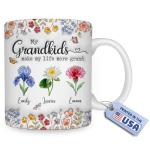 Wrappiness Personalized Mug Gift for Grandma – My Grandkids Make My Life More Grand Ceramic Cup, Custom Birth Month Flowers with Up to 8 Grandkids’ Names, Gift for Grandma, Mom for Any Occasion