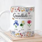 Wrappiness Personalized Mug Gift for Grandma – My Grandkids Make My Life More Grand Ceramic Cup, Custom Birth Month Flowers with Up to 8 Grandkids’ Names, Gift for Grandma, Mom for Any Occasion