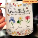 Wrappiness Personalized Mug Gift for Grandma – My Grandkids Make My Life More Grand Ceramic Cup, Custom Birth Month Flowers with Up to 8 Grandkids’ Names, Gift for Grandma, Mom for Any Occasion