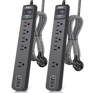 2 Pack Power Strip Surge Protector - 5 Widely Spaced Outlets 3 USB Charging Ports, 1875W/15A 6Ft Braided Extension Cord, Flat Plug Overload Protection, Wall Mount for Home Office Dorm Room Essentials