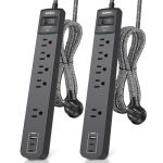 2 Pack Power Strip Surge Protector - 5 Widely Spaced Outlets 3 USB Charging Ports, 1875W/15A 6Ft Braided Extension Cord, Flat Plug Overload Protection, Wall Mount for Home Office Dorm Room Essentials