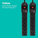 KMC 6-Outlet Surge Protector Power Strip 2-Pack, 900 Joules, 4-Foot Extension Cord, Overload Protection, Black