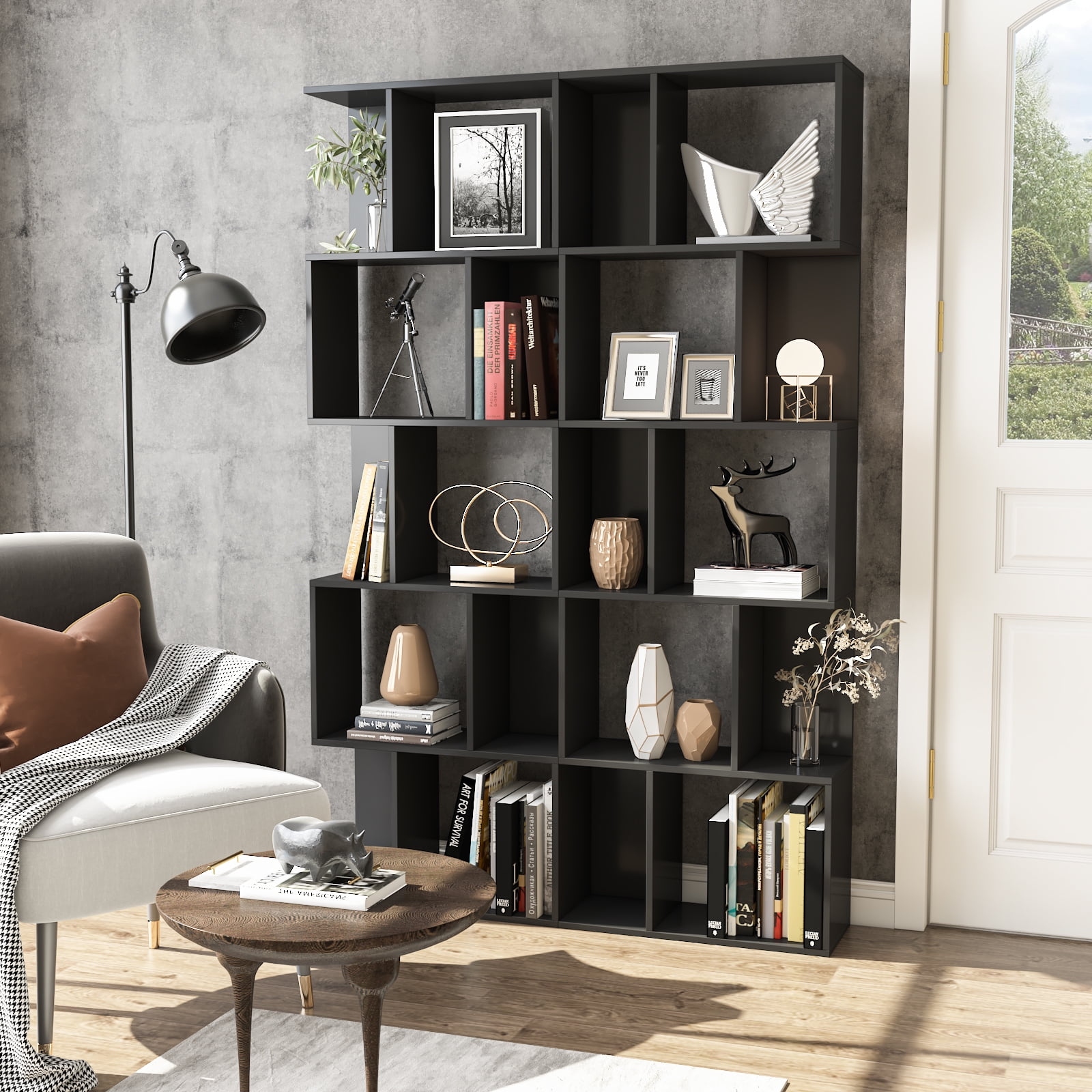 Vintage 5-Tier Geometric Wooden Bookshelf Unit