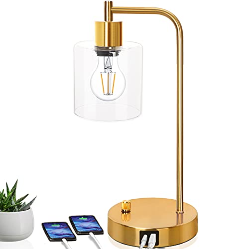 Gold Industrial Table Lamp with USB Ports and Glass Shade