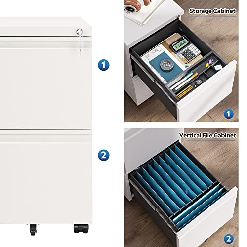 2-Drawer Mobile File Cabinet with Lock - White