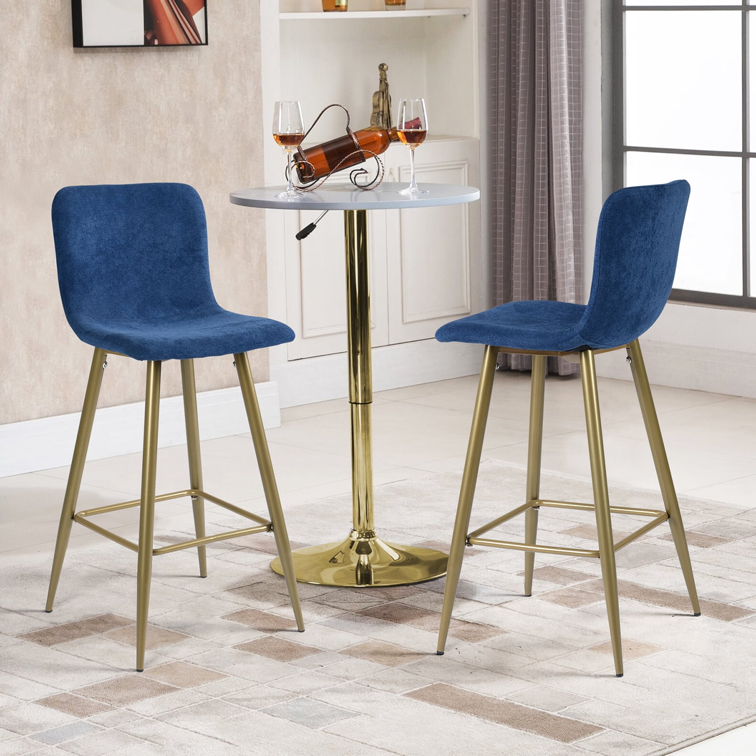 Set of 2 Dark Blue Upholstered Bar Stools