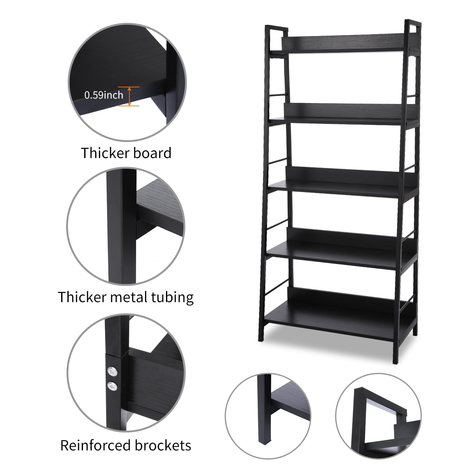 5-Tier Leaning Ladder Shelf - Black Storage Unit