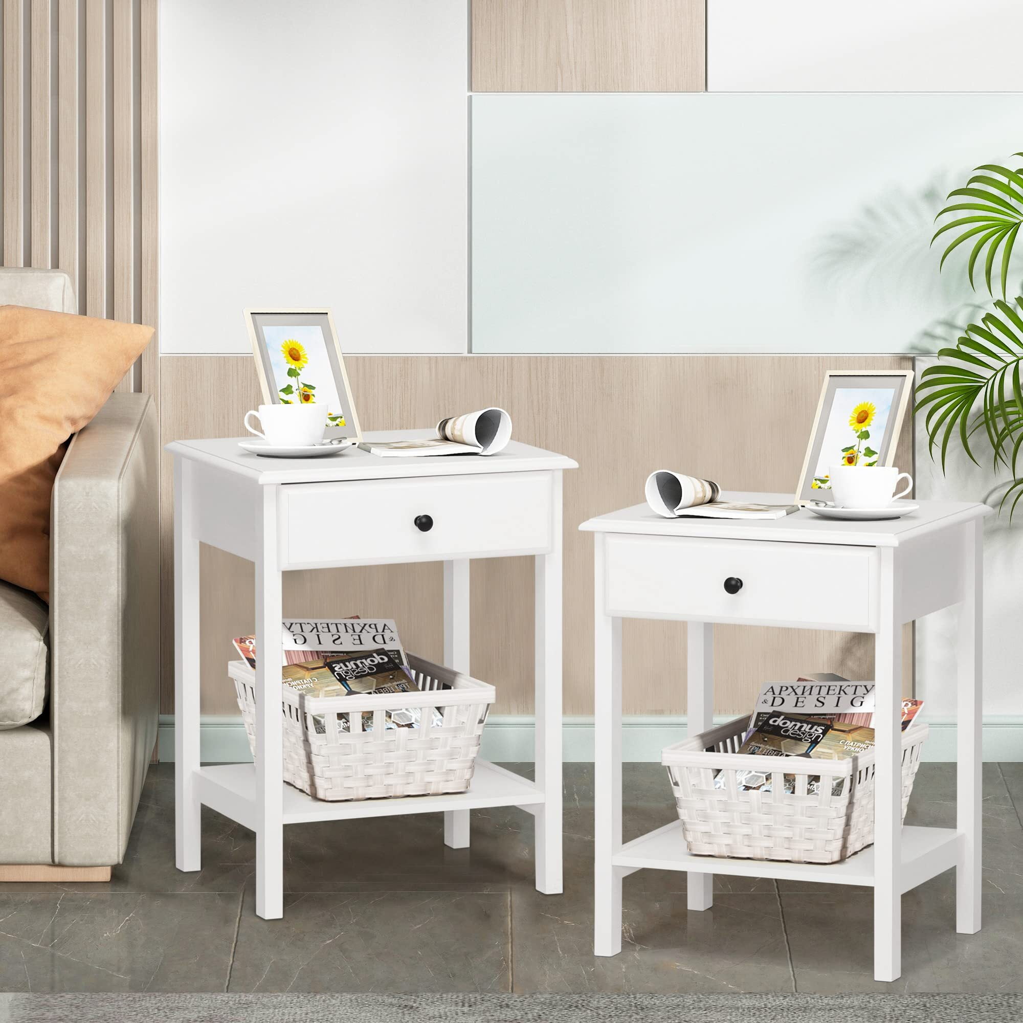 Modern White Bedside Table Set of 2