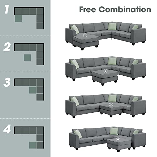 Grey L-Shape Sectional Sofa with Ottoman and Pillows