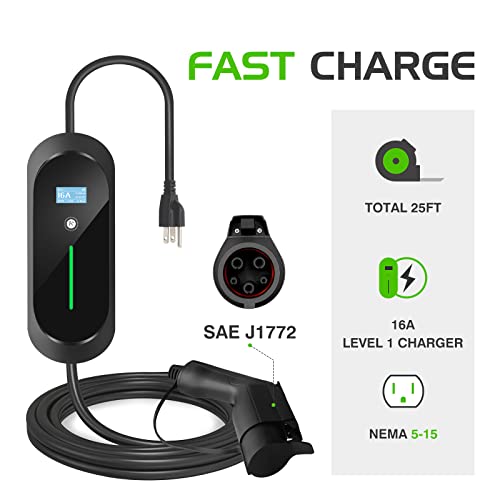 EVCARS 16A Level 1 Portable EV Charger 25Ft